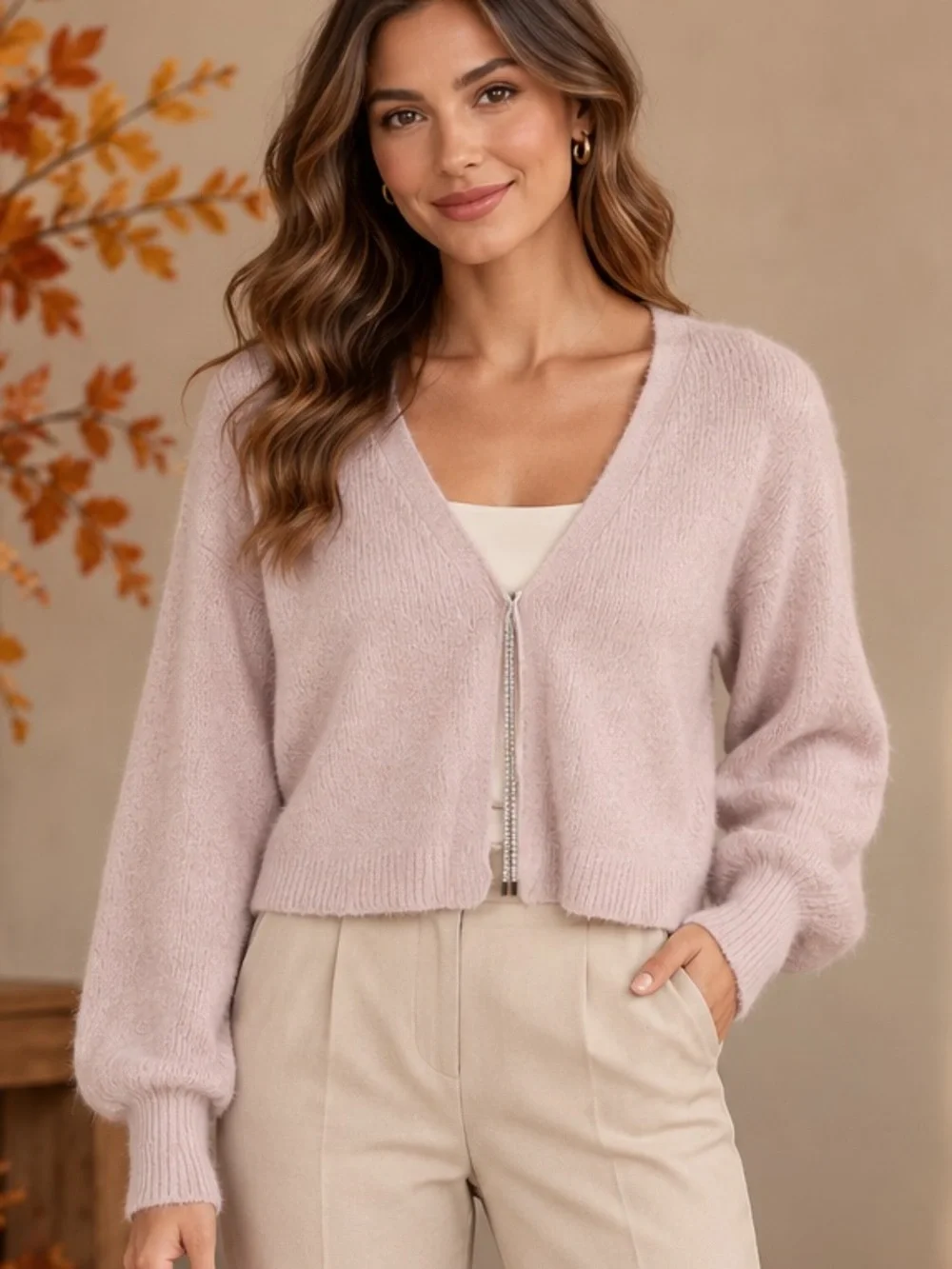 Mi Ami Size L Blush Pink Jeweled-Closure Cropped Cardigan